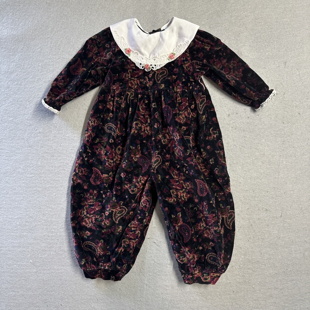 Vintage Petit Ami Baby Togs Girls 18M Floral Velvet Lace Romper Jumpsuit